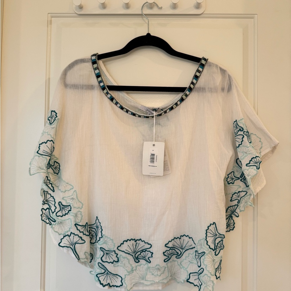 OndadeMar multicolored scoop neck flutter sleeve embellished top